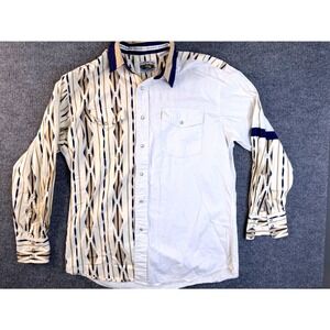 Cumberland Outfitters Mens L Aztec Western Pearl Snap Shirt Split White Cotton